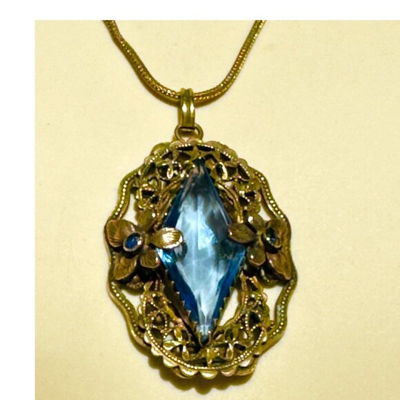 Antique Victorian Blue Gold Crystal Diamond Shaped Filigree Pendant Necklace - Picture 4 of 9